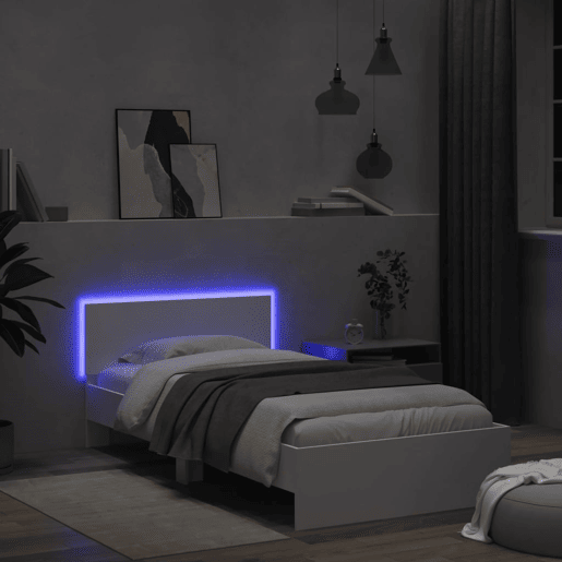 Estrutura de cama de solteiro para adultos com cabeceira e luzes LED 100x200 cm branco