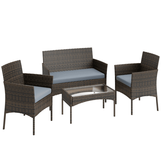 Outsunny Conjunto de Jardim Exterior em Vime com Almofadas Conjunto Terraço Resistente às Intempéries Móveis Jardim Exterior com 2 Cadeirões Sofá de 2 Lugares Mesa com Vidro Castanho e Cinzento