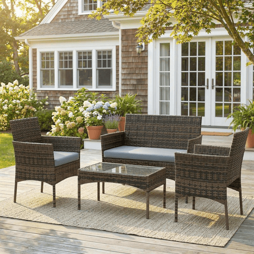 Outsunny Conjunto de Jardim Exterior em Vime com Almofadas Conjunto Terraço Resistente às Intempéries Móveis Jardim Exterior com 2 Cadeirões Sofá de 2 Lugares Mesa com Vidro Castanho e Cinzento