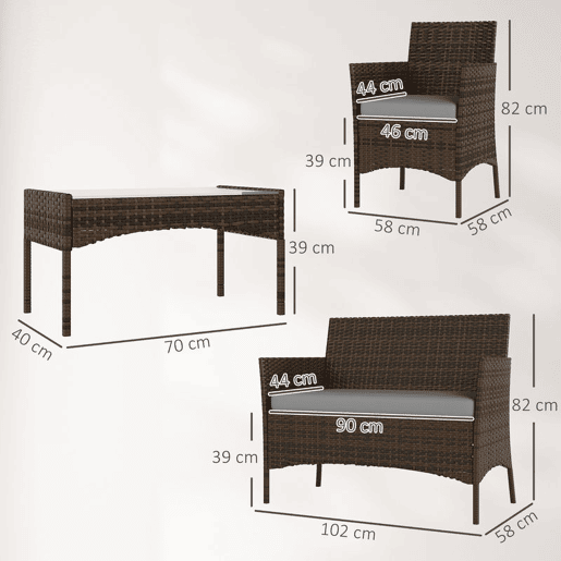 Outsunny Conjunto de Jardim Exterior em Vime com Almofadas Conjunto Terraço Resistente às Intempéries Móveis Jardim Exterior com 2 Cadeirões Sofá de 2 Lugares Mesa com Vidro Castanho e Cinzento