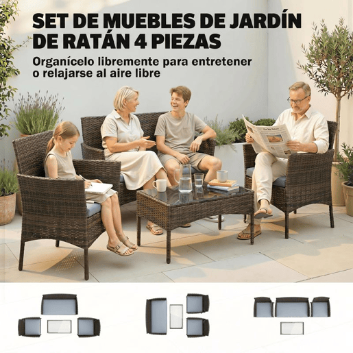 Outsunny Conjunto de Jardim Exterior em Vime com Almofadas Conjunto Terraço Resistente às Intempéries Móveis Jardim Exterior com 2 Cadeirões Sofá de 2 Lugares Mesa com Vidro Castanho e Cinzento