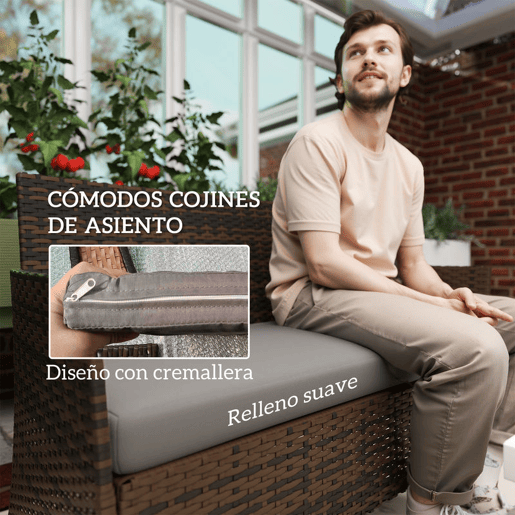 Outsunny Conjunto de Jardim Exterior em Vime com Almofadas Conjunto Terraço Resistente às Intempéries Móveis Jardim Exterior com 2 Cadeirões Sofá de 2 Lugares Mesa com Vidro Castanho e Cinzento