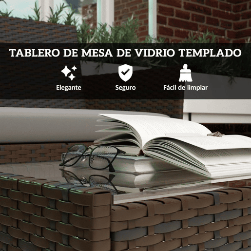 Outsunny Conjunto de Jardim Exterior em Vime com Almofadas Conjunto Terraço Resistente às Intempéries Móveis Jardim Exterior com 2 Cadeirões Sofá de 2 Lugares Mesa com Vidro Castanho e Cinzento