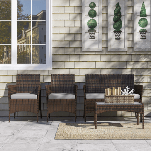 Outsunny Conjunto de Jardim Exterior em Vime com Almofadas Conjunto Terraço Resistente às Intempéries Móveis Jardim Exterior com 2 Cadeirões Sofá de 2 Lugares Mesa com Vidro Castanho e Cinzento