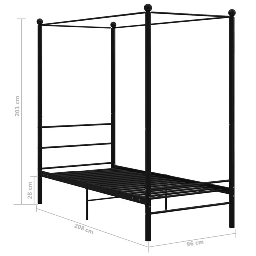 Estrutura de cama de solteiro para adultos com dossel metal preto 90x200 cm Estrutura de cama de solteiro para adultos com dossel metal preto 90x200 cm