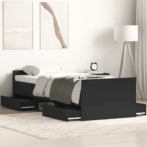 Estrutura de cama de solteiro para adultos c painéis cabeceira e pés 90x190 cm preto