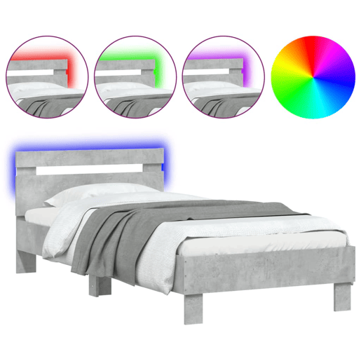 Estrutura de cama de solteiro moderno c cabeceiraluzes LED 90x200cm cinza cimento