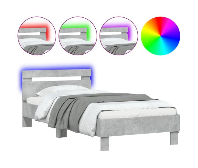 Estructura de cama individual para adultos - cabecero luces led gris hormigón 90x200 cm