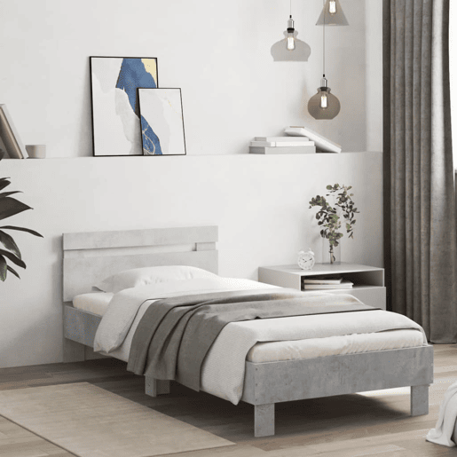 Estrutura de cama de solteiro moderno c cabeceiraluzes LED 90x200cm cinza cimento