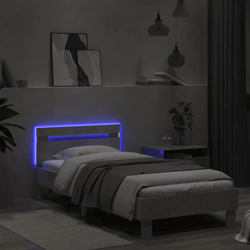 Estrutura de cama de solteiro moderno c cabeceiraluzes LED 90x200cm cinza cimento