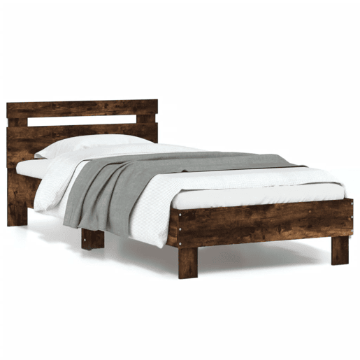 Estrutura de cama de solteiro moderno c cabeceiraluzes LED 90x200 cm carvalho fumado