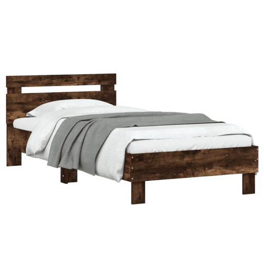 Estrutura de cama de solteiro moderno c cabeceiraluzes LED 90x200 cm carvalho fumado