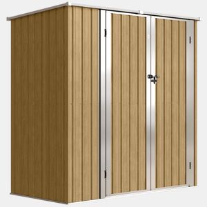 Outsunny Abrigo de Jardim Exterior 1,37 m², 163x89x163 cm Casota de Jardim Metálica com Telhado Inclinado Portas com Fecho e Luvas para Armazenamento de Ferramentas Castanho Claro