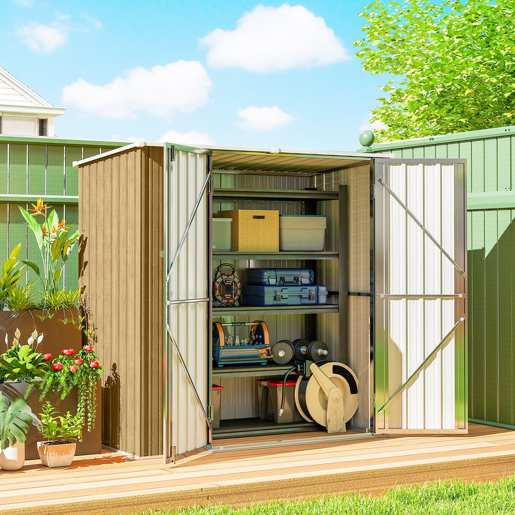 Outsunny Abrigo de Jardim Exterior 1,37 m², 163x89x163 cm Casota de Jardim Metálica com Telhado Inclinado Portas com Fecho e Luvas para Armazenamento de Ferramentas Castanho Claro