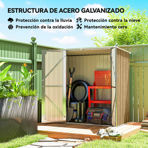 Outsunny Abrigo de Jardim Exterior 1,37 m², 163x89x163 cm Casota de Jardim Metálica com Telhado Inclinado Portas com Fecho e Luvas para Armazenamento de Ferramentas Castanho Claro
