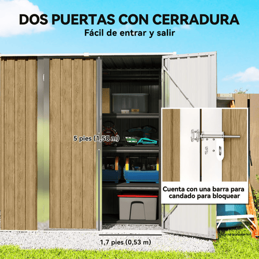 Outsunny Abrigo de Jardim Exterior 1,37 m², 163x89x163 cm Casota de Jardim Metálica com Telhado Inclinado Portas com Fecho e Luvas para Armazenamento de Ferramentas Castanho Claro