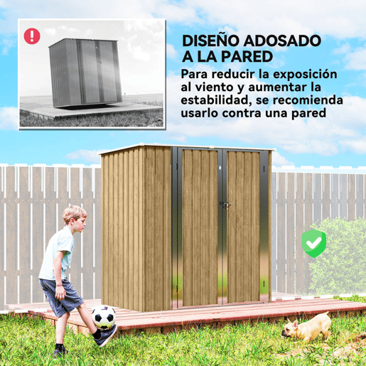 Outsunny Abrigo de Jardim Exterior 1,37 m², 163x89x163 cm Casota de Jardim Metálica com Telhado Inclinado Portas com Fecho e Luvas para Armazenamento de Ferramentas Castanho Claro