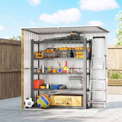Outsunny Abrigo de Jardim Exterior 1,37 m², 163x89x163 cm Casota de Jardim Metálica com Telhado Inclinado Portas com Fecho e Luvas para Armazenamento de Ferramentas Castanho Claro