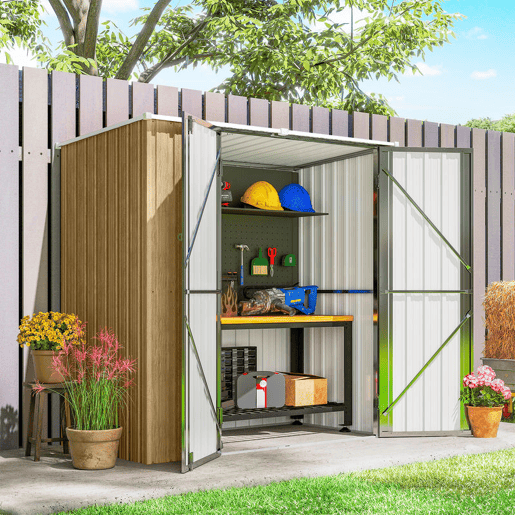 Outsunny Abrigo de Jardim Exterior 1,37 m², 163x89x163 cm Casota de Jardim Metálica com Telhado Inclinado Portas com Fecho e Luvas para Armazenamento de Ferramentas Castanho Claro