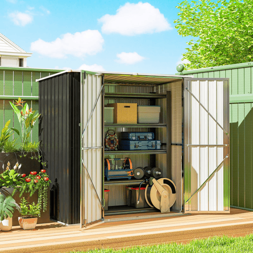 Outsunny Abrigo de Jardim Exterior 1,37 m², 163x89x163 cm Casota de Jardim Metálica com Telhado Inclinado Portas com Fecho e Luvas para Armazenamento de Ferramentas Cinzento Escuro