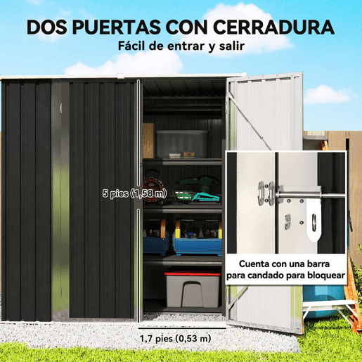 Outsunny Abrigo de Jardim Exterior 1,37 m², 163x89x163 cm Casota de Jardim Metálica com Telhado Inclinado Portas com Fecho e Luvas para Armazenamento de Ferramentas Cinzento Escuro