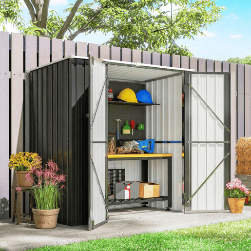 Outsunny Abrigo de Jardim Exterior 1,37 m², 163x89x163 cm Casota de Jardim Metálica com Telhado Inclinado Portas com Fecho e Luvas para Armazenamento de Ferramentas Cinzento Escuro