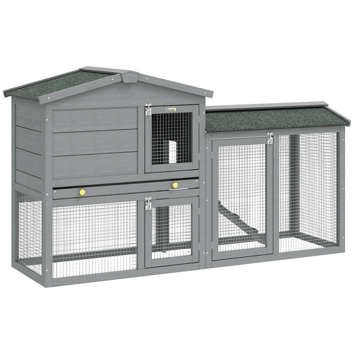 PawHut Coelheira de Madeira de 2 Níveis, Jaula Grande para Coelhos com Telhado Asfáltico, Bandeja Removível e Escada, Coelheira para Exterior, para Cobaias e Hamsters, 150x45x85 cm, Cinzento