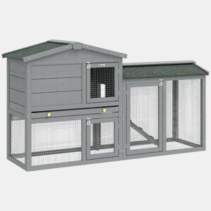 PawHut Coelheira de Madeira de 2 Níveis, Jaula Grande para Coelhos com Telhado Asfáltico, Bandeja Removível e Escada, Coelheira para Exterior, para Cobaias e Hamsters, 150x45x85 cm, Cinzento