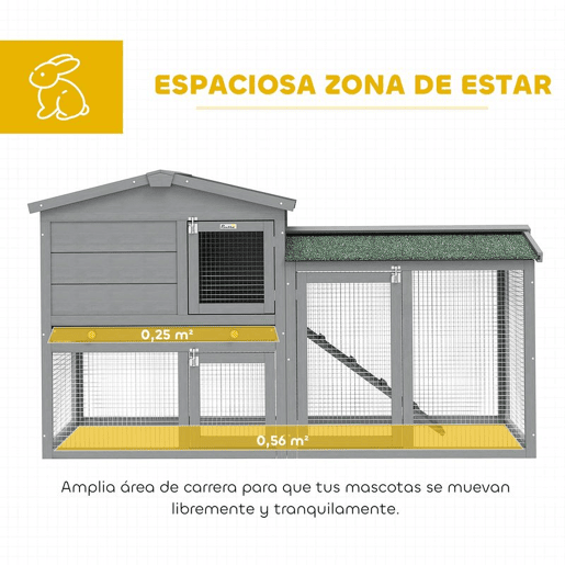 PawHut Coelheira de Madeira de 2 Níveis, Jaula Grande para Coelhos com Telhado Asfáltico, Bandeja Removível e Escada, Coelheira para Exterior, para Cobaias e Hamsters, 150x45x85 cm, Cinzento