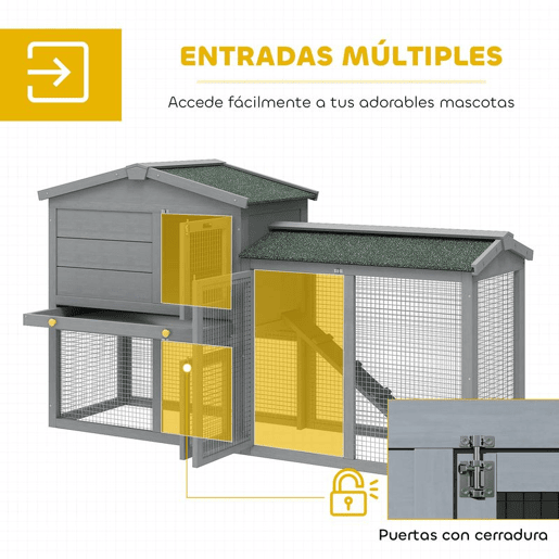 PawHut Coelheira de Madeira de 2 Níveis, Jaula Grande para Coelhos com Telhado Asfáltico, Bandeja Removível e Escada, Coelheira para Exterior, para Cobaias e Hamsters, 150x45x85 cm, Cinzento