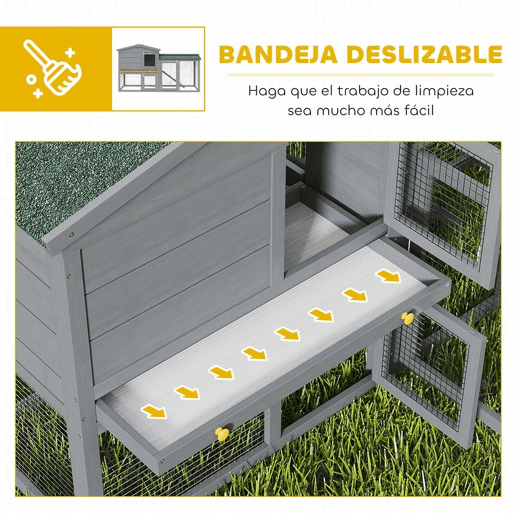 PawHut Coelheira de Madeira de 2 Níveis, Jaula Grande para Coelhos com Telhado Asfáltico, Bandeja Removível e Escada, Coelheira para Exterior, para Cobaias e Hamsters, 150x45x85 cm, Cinzento