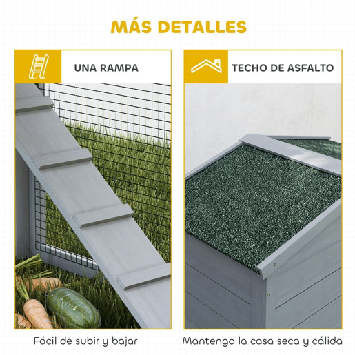 PawHut Coelheira de Madeira de 2 Níveis, Jaula Grande para Coelhos com Telhado Asfáltico, Bandeja Removível e Escada, Coelheira para Exterior, para Cobaias e Hamsters, 150x45x85 cm, Cinzento