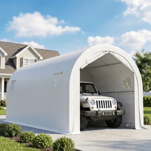 Outsunny Tenda Garagem Portátil 3x6 m Garagem Exterior Resistente com Porta Enrolável e 4 Janelas Estrutura de Metal Galvanizado UPF 30+ Abrigo de Armazenamento Branco