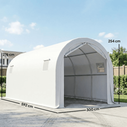 Outsunny Tenda Garagem Portátil 3x6 m Garagem Exterior Resistente com Porta Enrolável e 4 Janelas Estrutura de Metal Galvanizado UPF 30+ Abrigo de Armazenamento Branco