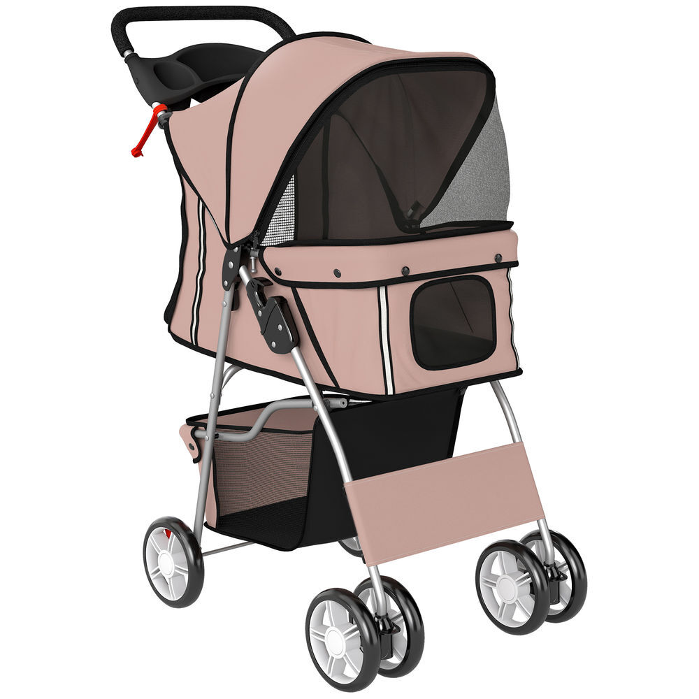 Pawhut carrito para perros plegable hasta 10 kg, cochecito para perros pequeños con ruedas de eva y frenos, cesta de almacenaje, ventanas de malla, portavasos, cojín lavable, 77x44x102 cm, café