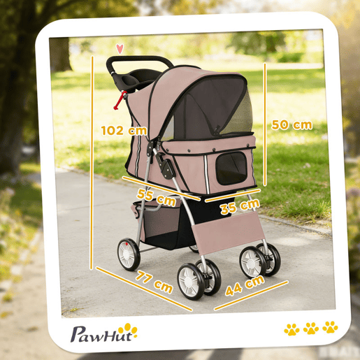 PawHut Carrinho Dobrável para Cães, Carrinho para Cães Pequenos com Cesto de Armazenamento, Janelas de Rede, Porta-garrafas, Rodas em EVA, Almofada Lavável, Travões, Carga 10 kg, 77x44x102 cm, Castanho