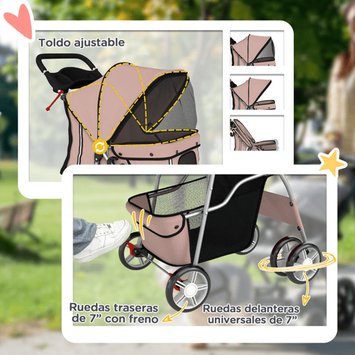 PawHut Carrinho Dobrável para Cães, Carrinho para Cães Pequenos com Cesto de Armazenamento, Janelas de Rede, Porta-garrafas, Rodas em EVA, Almofada Lavável, Travões, Carga 10 kg, 77x44x102 cm, Castanho