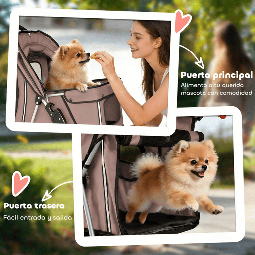 PawHut Carrinho Dobrável para Cães, Carrinho para Cães Pequenos com Cesto de Armazenamento, Janelas de Rede, Porta-garrafas, Rodas em EVA, Almofada Lavável, Travões, Carga 10 kg, 77x44x102 cm, Castanho