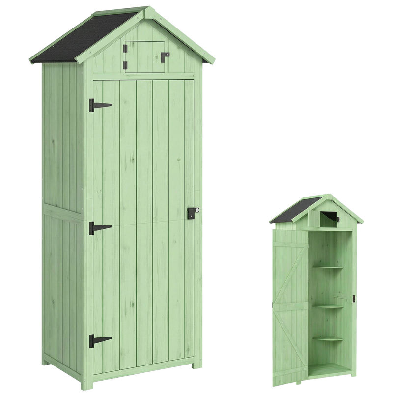 Outsunny armario de jardín de madera 77x54,2x179 cm 0,3 m² cobertizo para almacenaje de herramientas con 3 estantes y 2 puertas con cerrojo para patio terraza verde