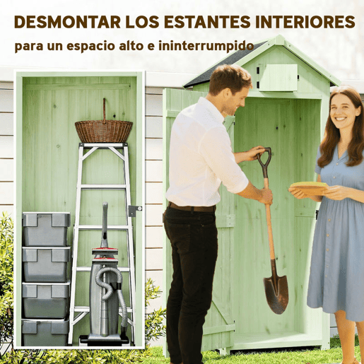 Outsunny Armário de Jardim de Madeira 77x54,2x179 cm 0,3 m² com 3 Prateleiras e 2 Portas com Fechadura para Jardim ou Terraço Verde