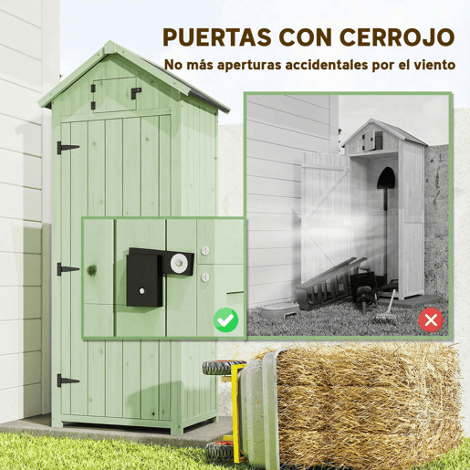 Outsunny Armário de Jardim de Madeira 77x54,2x179 cm 0,3 m² com 3 Prateleiras e 2 Portas com Fechadura para Jardim ou Terraço Verde