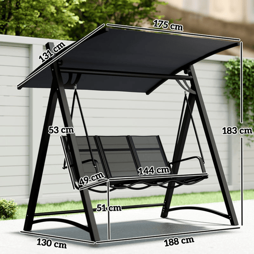 Outsunny Baloiço de Jardim de 3 Lugares Baloiço de Exterior com Teto Ajustável UPF50+ Assento Transpirável e Estrutura em Metal para Pátio Terraço Capacidade 360 kg 188x130x183 cm Cinza