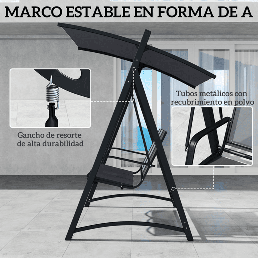 Outsunny Baloiço de Jardim de 3 Lugares Baloiço de Exterior com Teto Ajustável UPF50+ Assento Transpirável e Estrutura em Metal para Pátio Terraço Capacidade 360 kg 188x130x183 cm Cinza