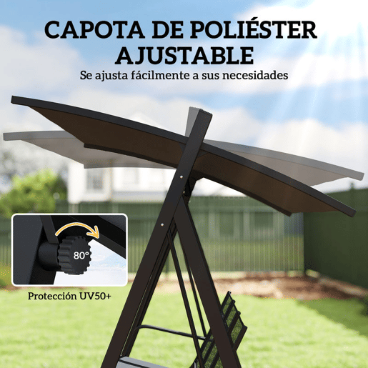 Outsunny Baloiço de Jardim de 3 Lugares Baloiço de Exterior com Teto Ajustável UPF50+ Assento Transpirável e Estrutura em Metal para Pátio Terraço Capacidade 360 kg 188x130x183 cm Cinza