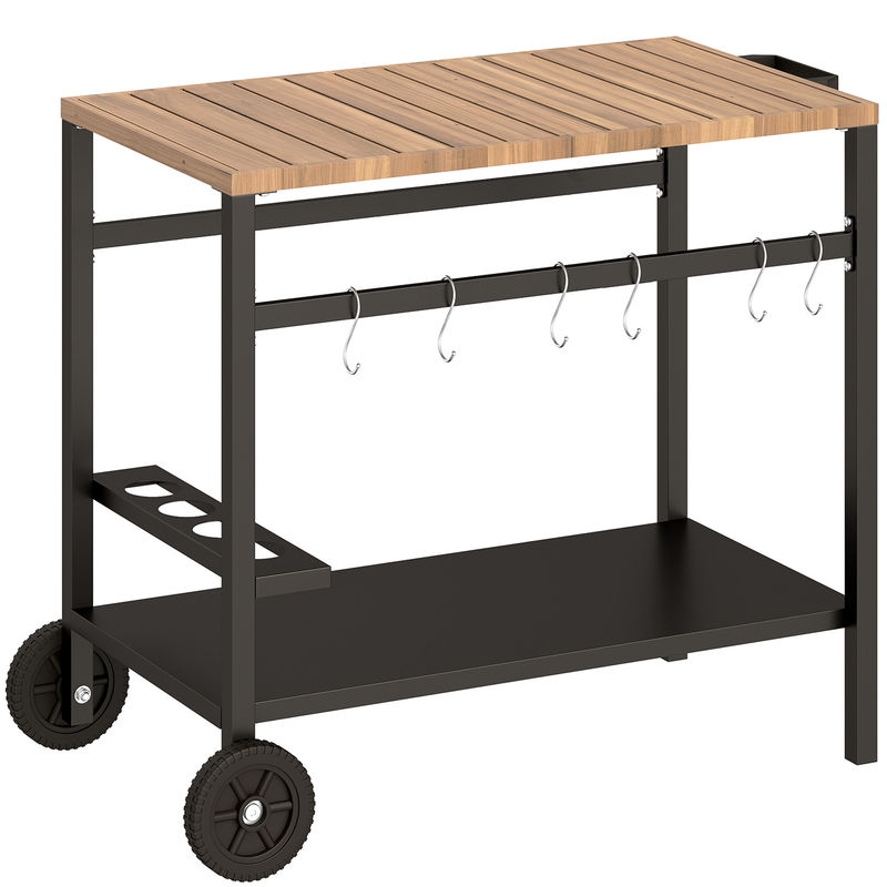 Outsunny carrito de barbacoa de 2 niveles mesa auxiliar para barbacoa móvil con ruedas portabebidas ganchos asa encimera imitación madera mesa de horno de pizza para exterior negro y marrón