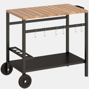 Outsunny Carrinho de Churrasco de 2 Níveis Mesa Auxiliar para Churrasco Móvel com Rodas Porta-bebidas Ganchos Pega Superfície Imitação Madeira Mesa para Forno de Pizza Exterior Preto e Castanho