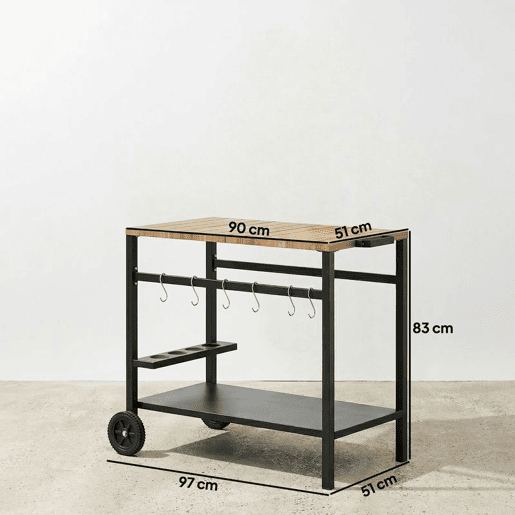 Outsunny Carrinho de Churrasco de 2 Níveis Mesa Auxiliar para Churrasco Móvel com Rodas Porta-bebidas Ganchos Pega Superfície Imitação Madeira Mesa para Forno de Pizza Exterior Preto e Castanho