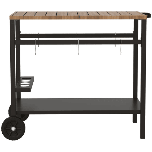 Outsunny Carrinho de Churrasco de 2 Níveis Mesa Auxiliar para Churrasco Móvel com Rodas Porta-bebidas Ganchos Pega Superfície Imitação Madeira Mesa para Forno de Pizza Exterior Preto e Castanho