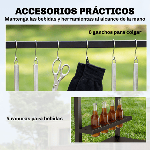 Outsunny Carrinho de Churrasco de 2 Níveis Mesa Auxiliar para Churrasco Móvel com Rodas Porta-bebidas Ganchos Pega Superfície Imitação Madeira Mesa para Forno de Pizza Exterior Preto e Castanho