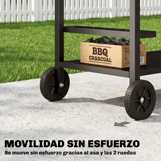 Outsunny Carrinho de Churrasco de 2 Níveis Mesa Auxiliar para Churrasco Móvel com Rodas Porta-bebidas Ganchos Pega Superfície Imitação Madeira Mesa para Forno de Pizza Exterior Preto e Castanho